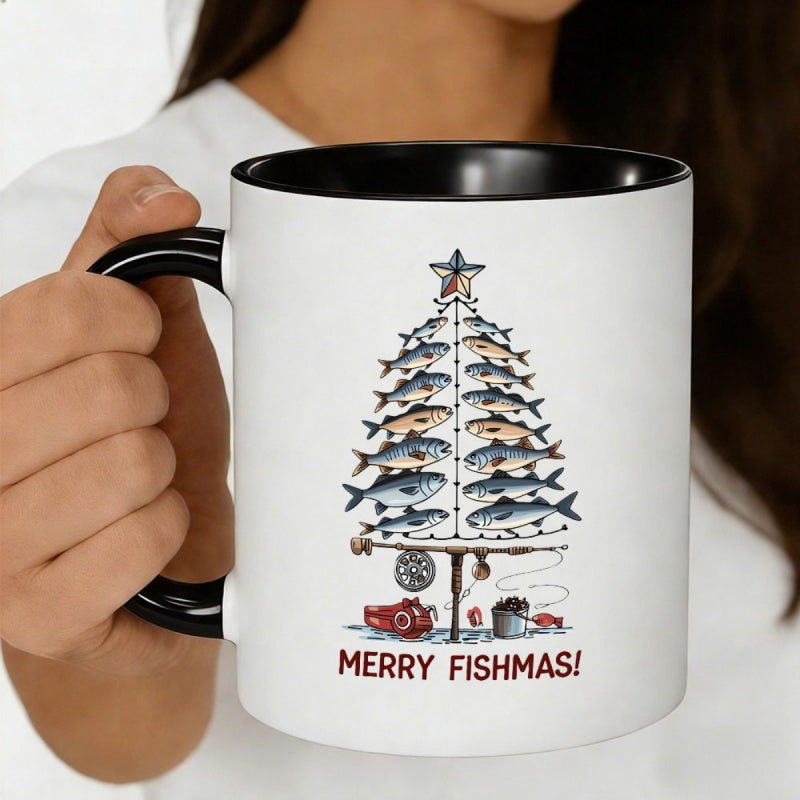 Tailorly Black Accent 11 oz Mug - fishing Christmas tree with fish and fishing gear