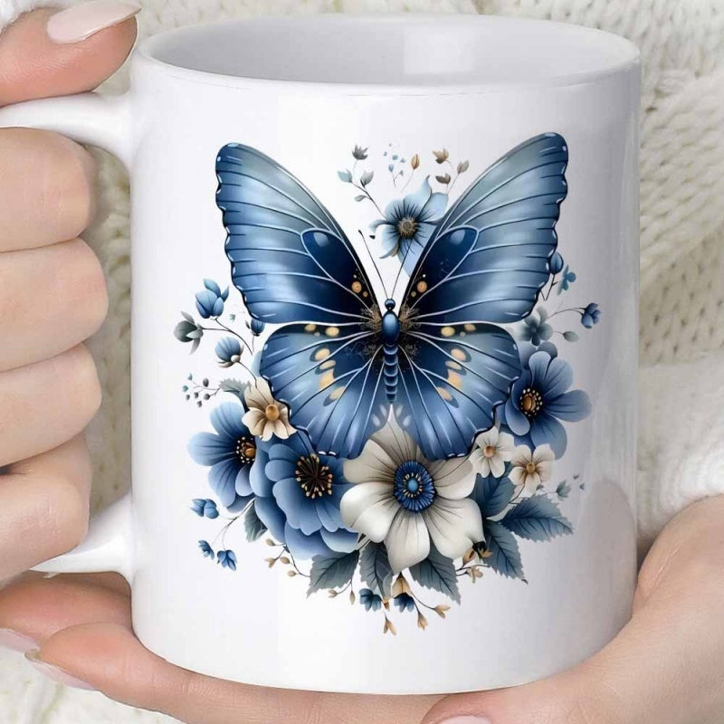Tailorly White Ceramic 11 oz Mug - Beautiful Blue Butterfly Surrounded By Soft Blooming Flowers And Petals Butterfly