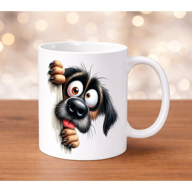 Tailorly White Ceramic 11 oz Mug - Playful Curious Cartoon Puppy With Large Eyes Peeking From Behind Edge Dog