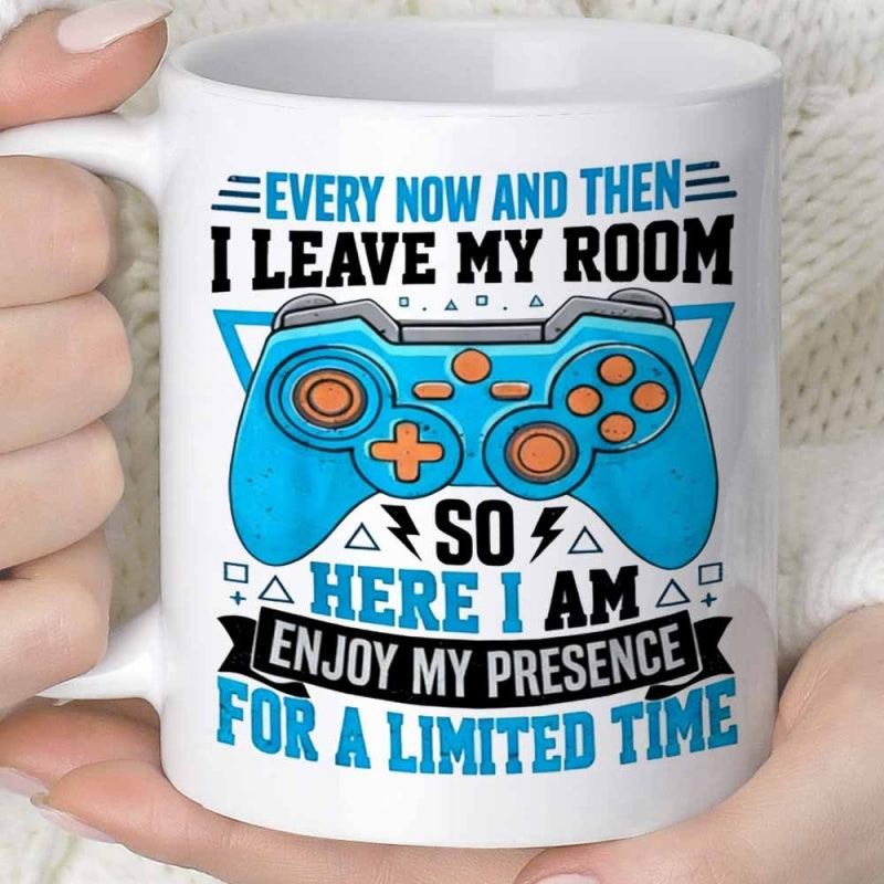 Tailorly White Ceramic 11 oz Mug - Every Now And Then I Leave My Room So Here I Am Enjoy My Presence For A Limited Time Vibrant Blue Graphic Gamepad Featuring