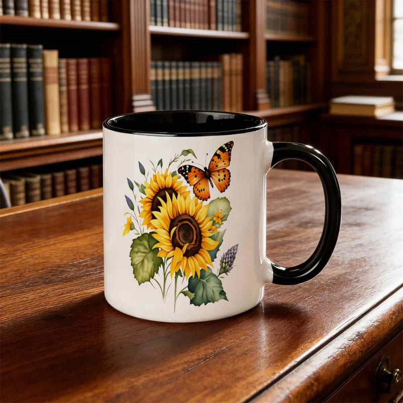 Tailorly Black Accent 11 oz Mug - sunflowers and butterflies