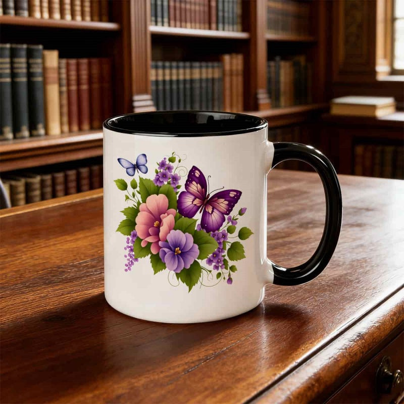 Tailorly Black Accent 11 oz Mug - elegant floral pattern with violet pink green colors