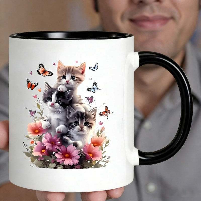 Tailorly Black Accent 11 oz Mug - three cute kittens and butterflies