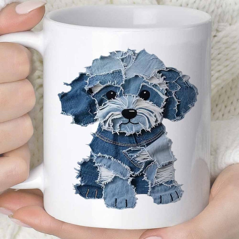 Tailorly White Ceramic 11 oz Mug - Creative Patchwork Design Featuring Blue Denim Fabric Scraps Forming A Sitting Puppy Dog