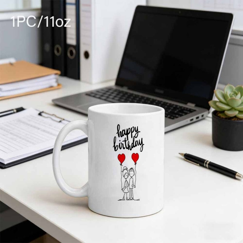 Tailorly White Ceramic 11 oz Mug - Happy Birthday Sweet Lovers Sketch Holding Vibrant Red Heart Balloons Character