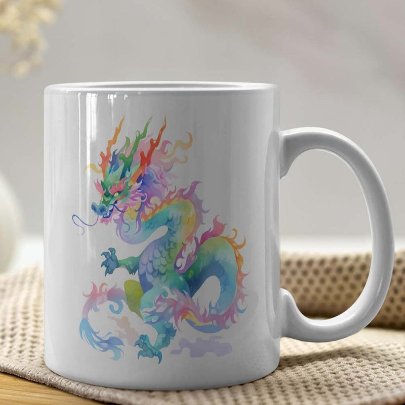 Tailorly White Ceramic 11 oz Mug - Rainbow Colored Mythical Creature Floating With Soft Pastel Watercolor Gradients Dragon