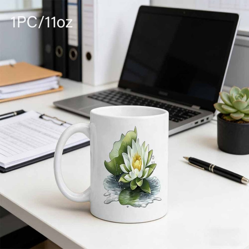 Tailorly White Ceramic 11 oz Mug - Elegant Blooming White Petals Floating Upon Gentle Ripples With Green Lily Pad Lotus