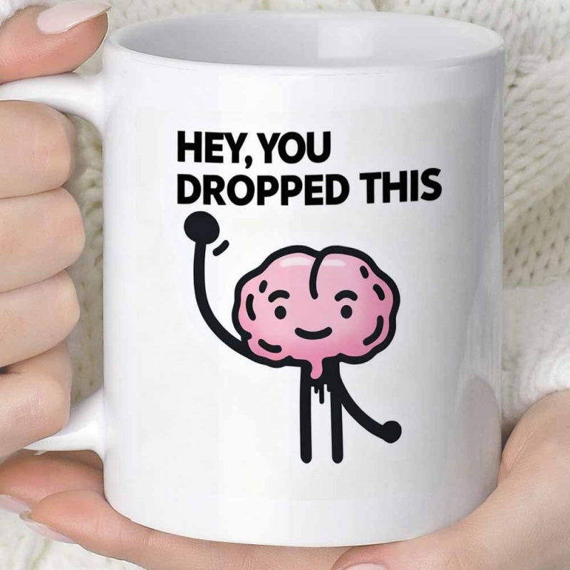 Tailorly White Ceramic 11 oz Mug - Hey You Dropped This Smiling Pink Character With Slender Limbs Standing Gracefully Brain