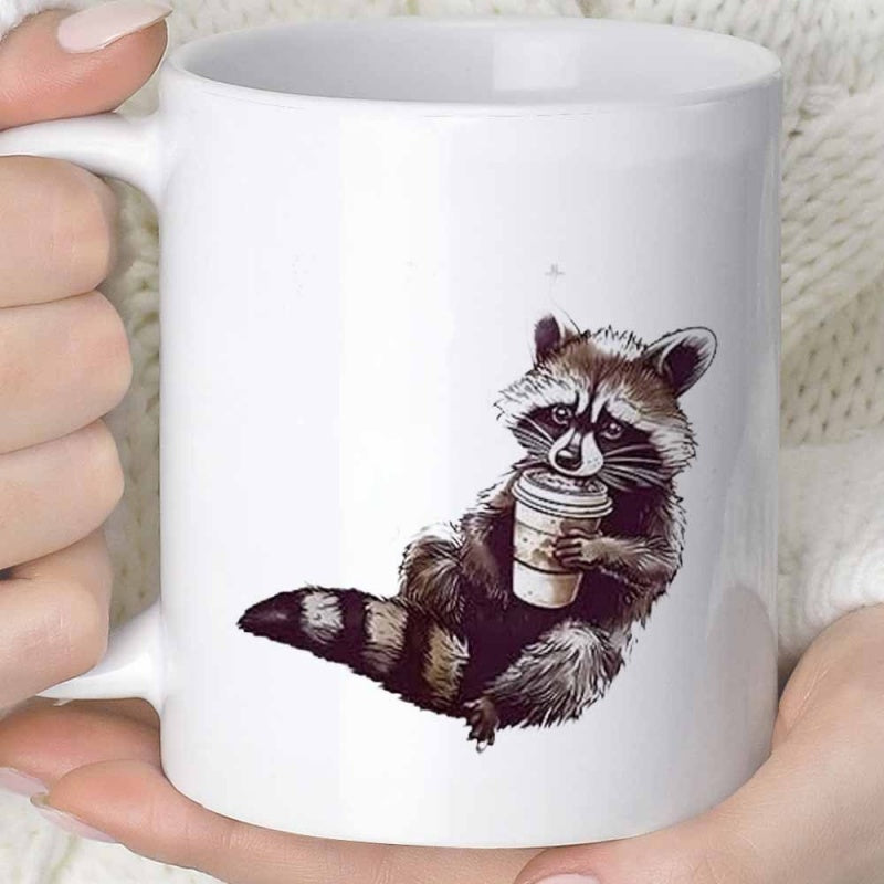 Tailorly White Ceramic 11 oz Mug - Detailed Hand Drawn Illustration Of A Sitting Wild Animal Holding Coffee Raccoon