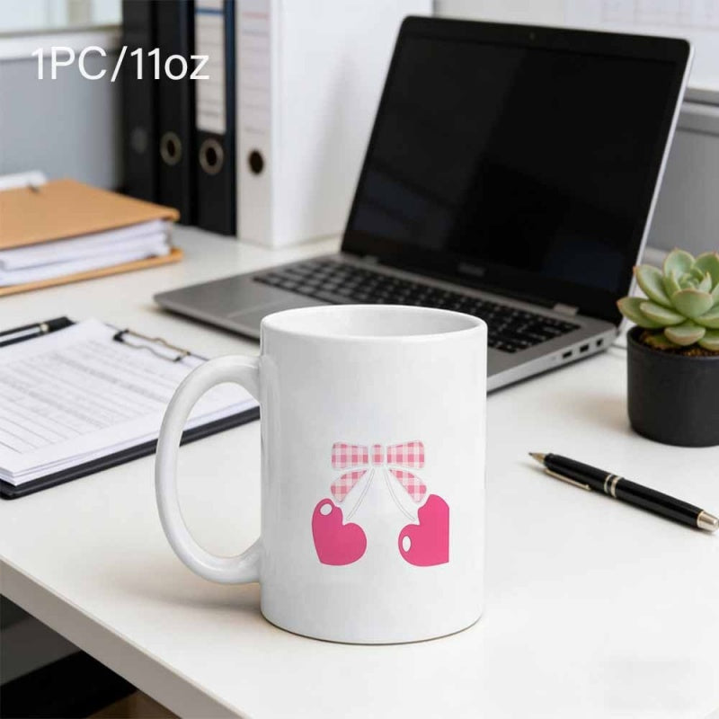 Tailorly White Ceramic 11 oz Mug - Cute Pink Gingham Patterned Ribbon Accented With Two Small Loving Hearts Bow