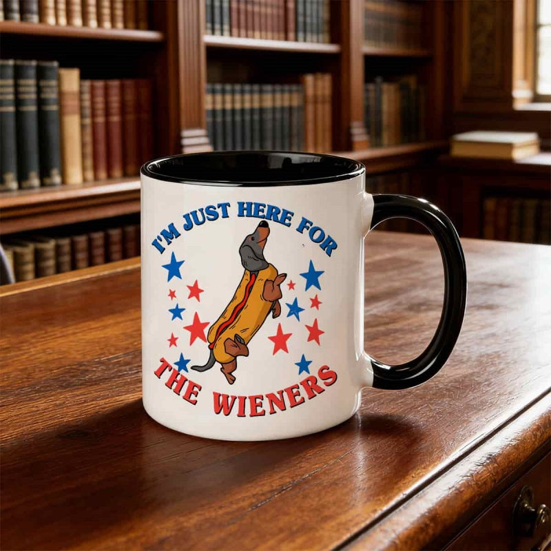 Tailorly Black Accent 11 oz Mug - dachshund dog costume text "im just here for the"