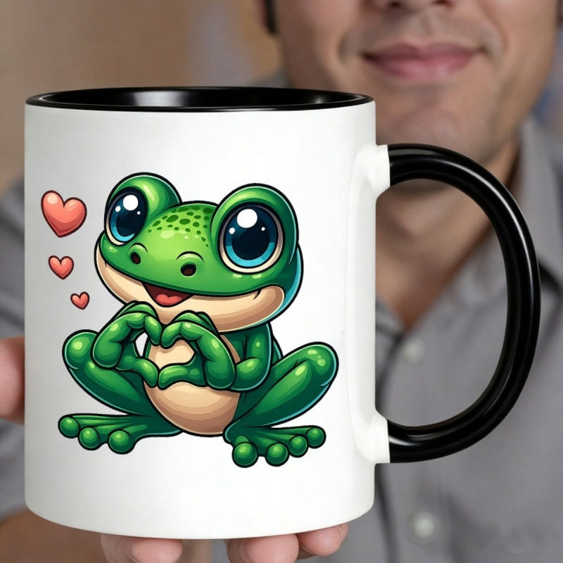 Tailorly Black Accent 11 oz Mug - cartoon frog with heart gesture red hearts