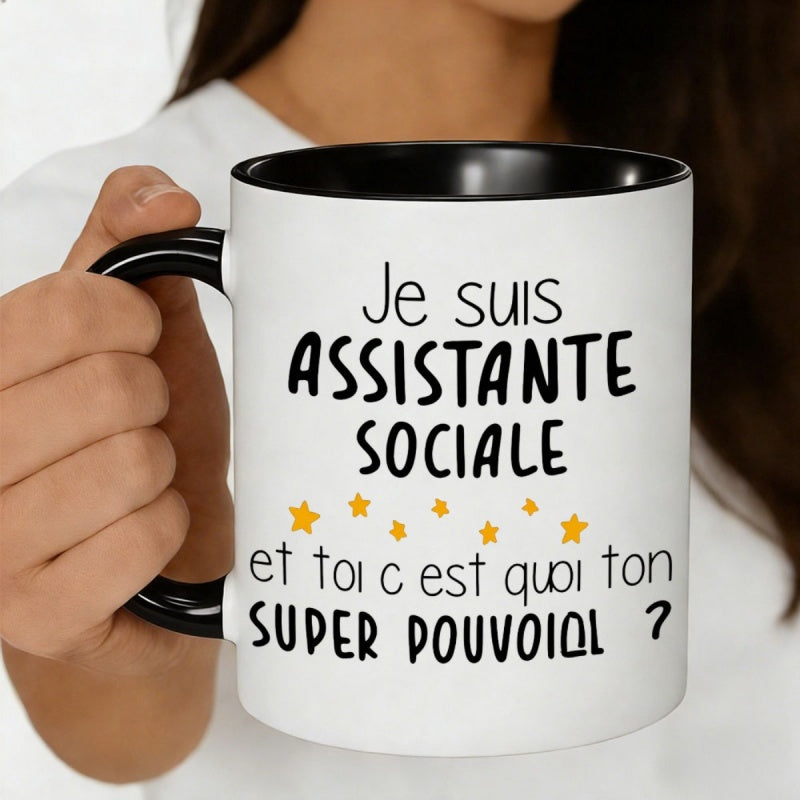 Tailorly Black Accent 11 oz Mug - french text "assistante c est qui ton super"