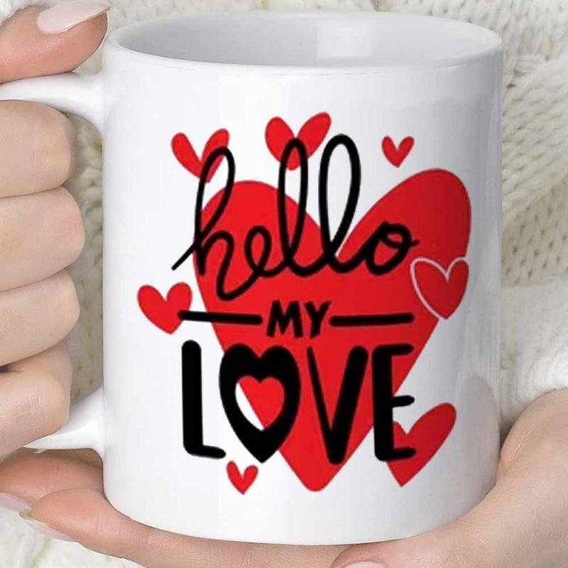Tailorly White Ceramic 11 oz Mug - Hello My Love Romantic Red Hearts With Script Text And Bold Block Letters Heart