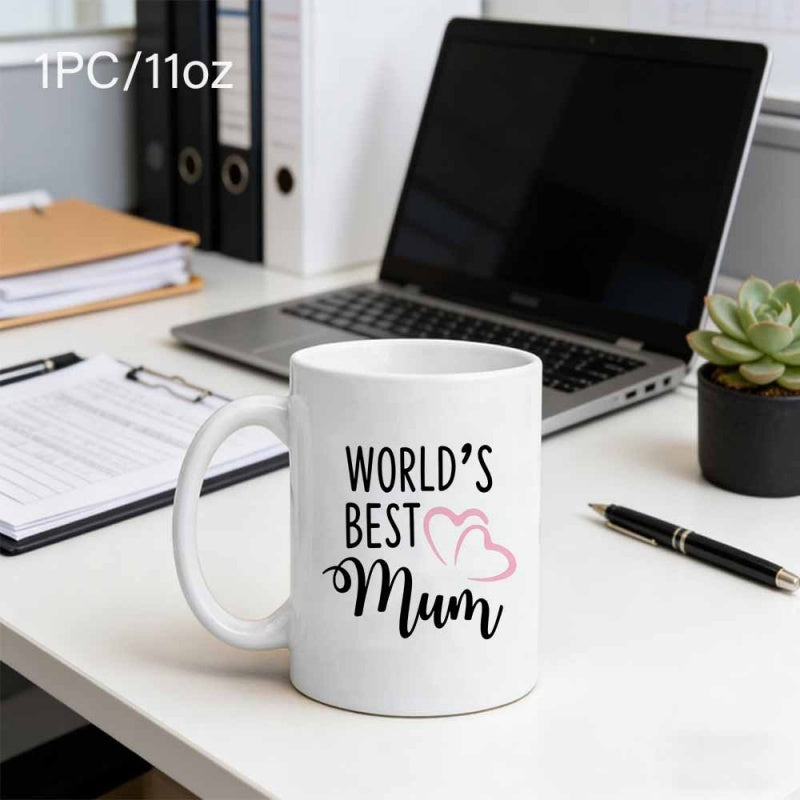 Tailorly White Ceramic 11 oz Mug - Worlds Best Mum Elegant Overlapping Pink Heart Outlines On A Minimalist