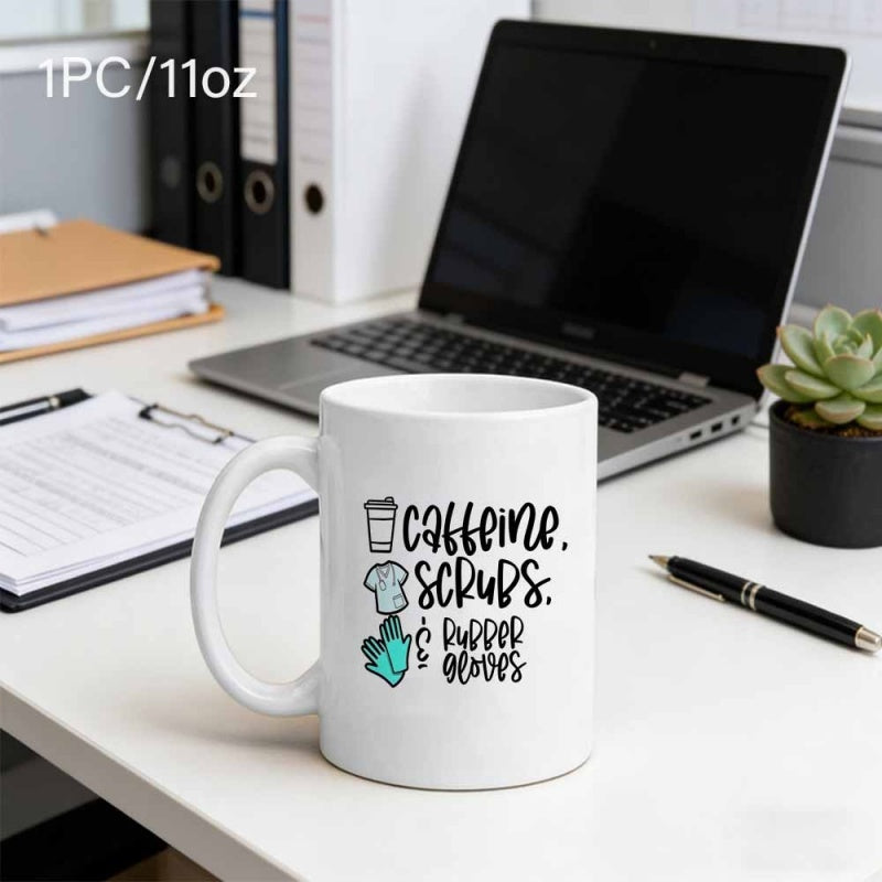 Tailorly White Ceramic 11 oz Mug - Caffeine Scrubs Rubber Gloves Professional Healthcare Icons Featuring Coffee Cup Scrub Top And Mug