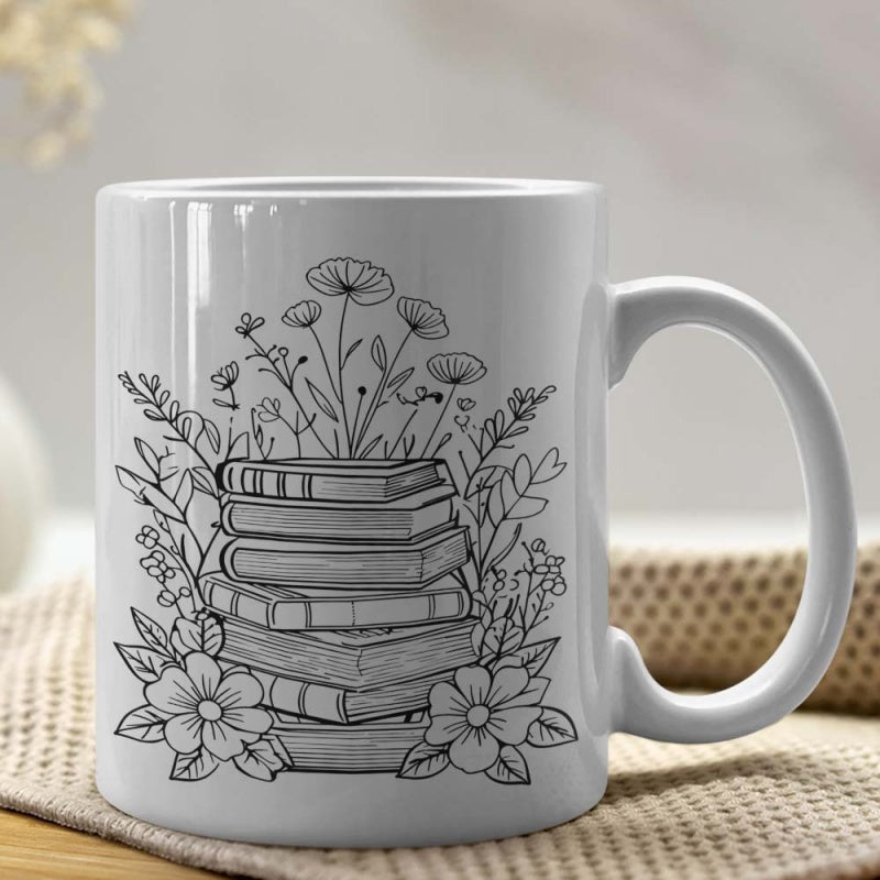 Tailorly White Ceramic 11 oz Mug - Elegant Black Line Art With Wildflowers Growing From Vintage Stacked Books