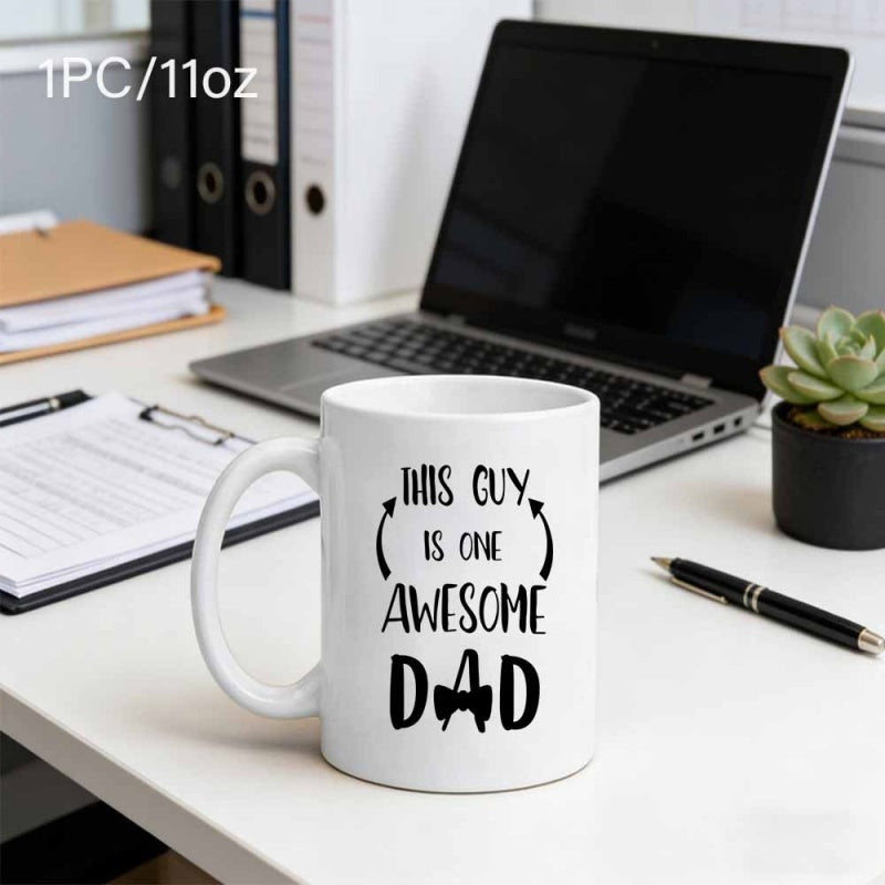 Tailorly White Ceramic 11 oz Mug - This Guy Is One Awesome Dad Minimalist White Ceramic Vessel With Decorative Arrows And Bow Tie Detail Mug