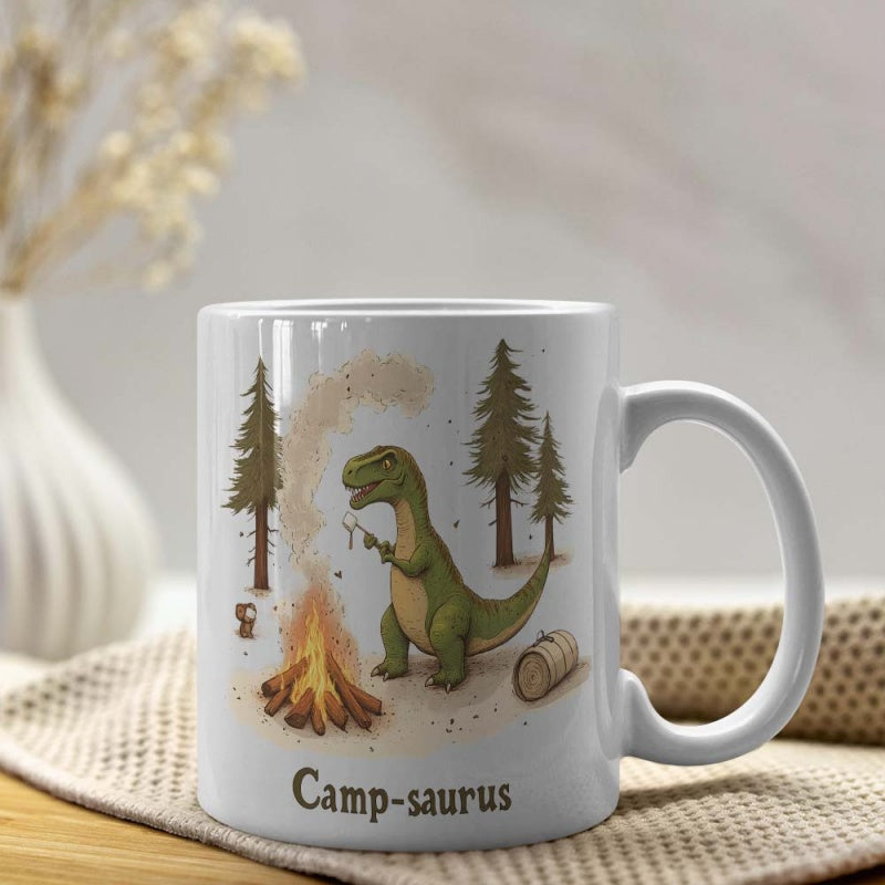 Tailorly White Ceramic 11 oz Mug - Camp Saurus Green Cartoon T Rex Warming By Cozy Campfire Near Forest Pine Trees Dinosaur