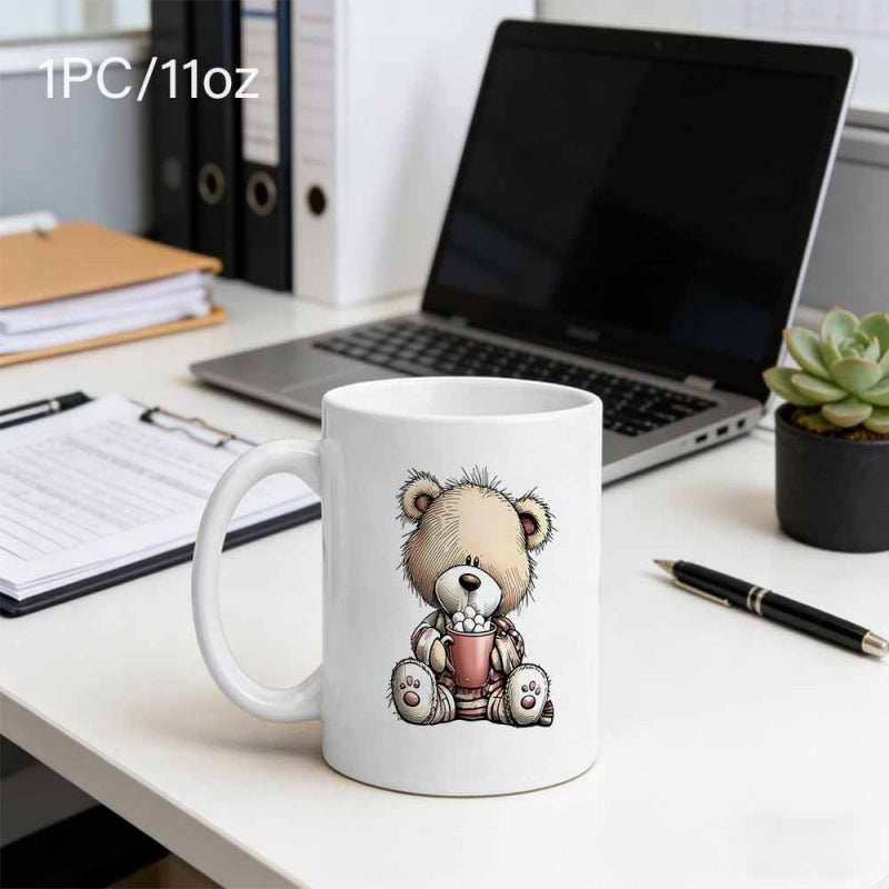 Tailorly White Ceramic 11 oz Mug - Adorable Fluffy Brown Teddy Holding Small Cup Hot Cocoa Bear