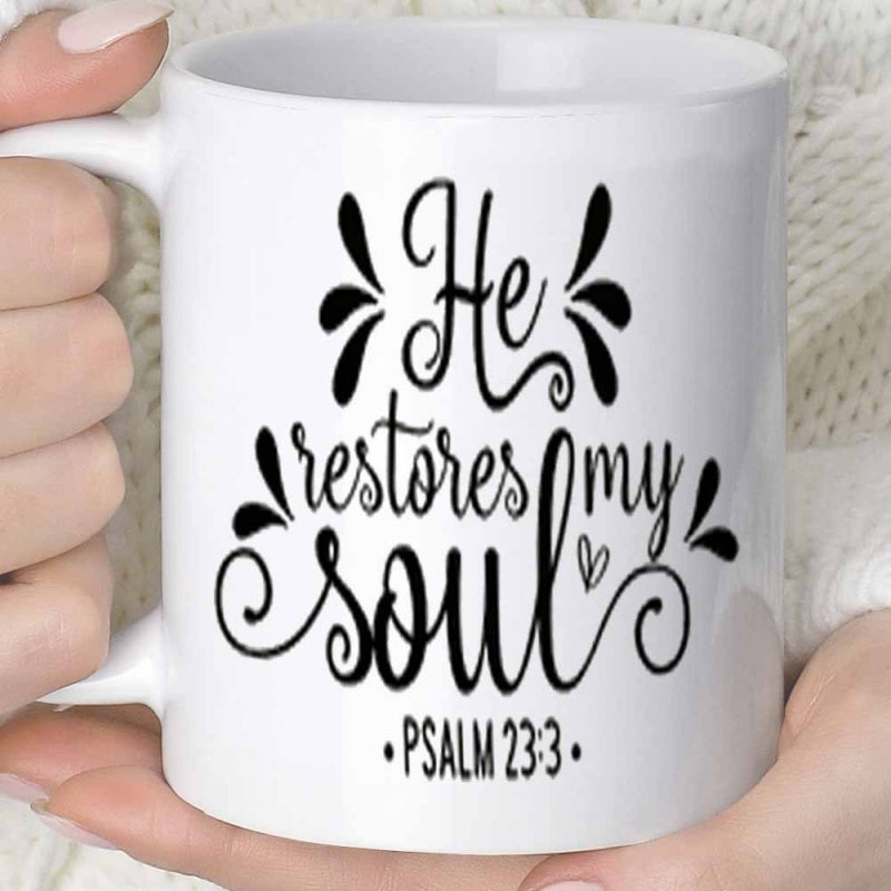 Tailorly White Ceramic 11 oz Mug - He Restores My Soul Psalm 23 3 Elegant Scripted Verse With Artistic Swirls And Heart Accents Lettering