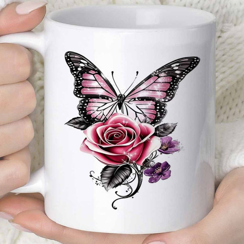 Tailorly White Ceramic 11 oz Mug - Vibrant Red Rose Surrounded By Delicate Pink Wings Elegant Garden Butterfly