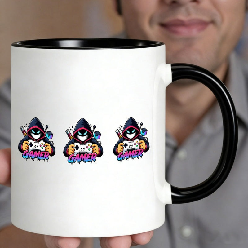 Tailorly Black Accent 11 oz Mug - cartoon gamer playing gamepad