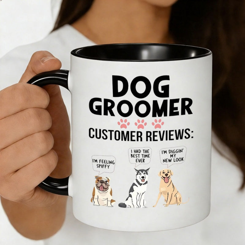 Tailorly Black Accent 11 oz Mug - dog groomer customer reviews with cute dog