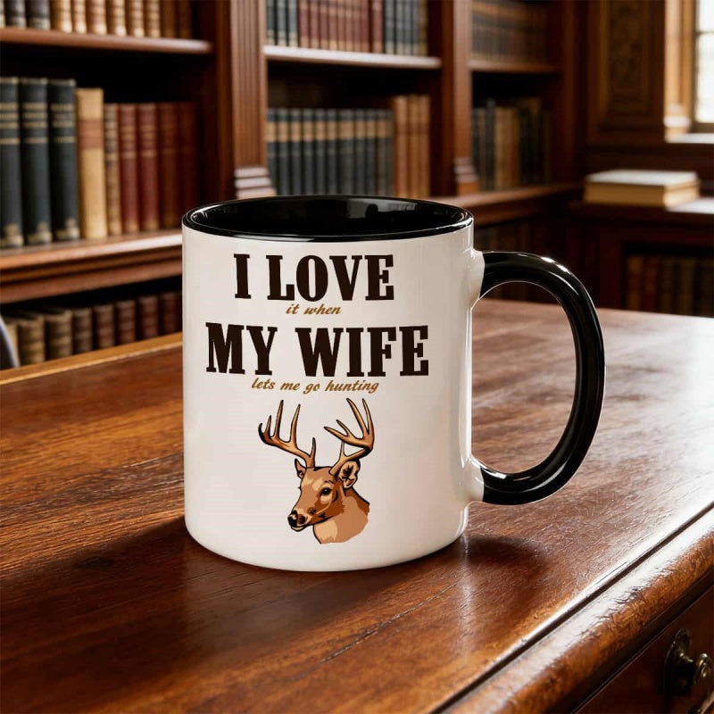 Tailorly Black Accent 11 oz Mug - funny hunting mug suitable for husbands when she lets me hunt coffee cup with lid humorous gift for hunters husband