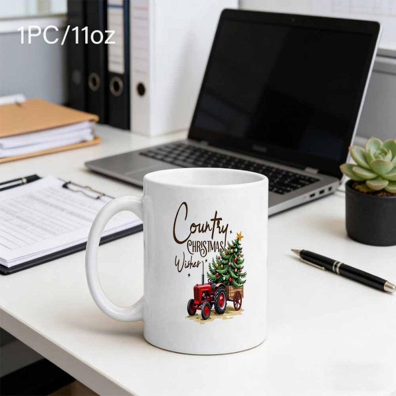 Tailorly White Ceramic 11 oz Mug - Country Christmas Wishes Vintage Red Farm Tractor Carrying A Decorated Evergreen Holiday Pine Tree Tractor