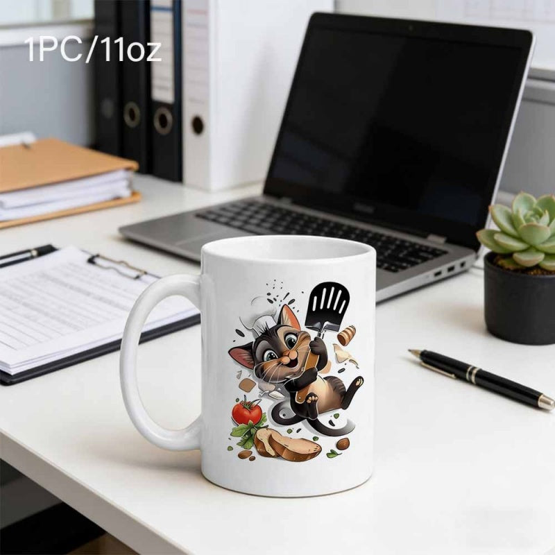 Tailorly White Ceramic 11 oz Mug - Adorable Cartoon Siamese Chef Holding Spatula Among Floating Food Elements Cat