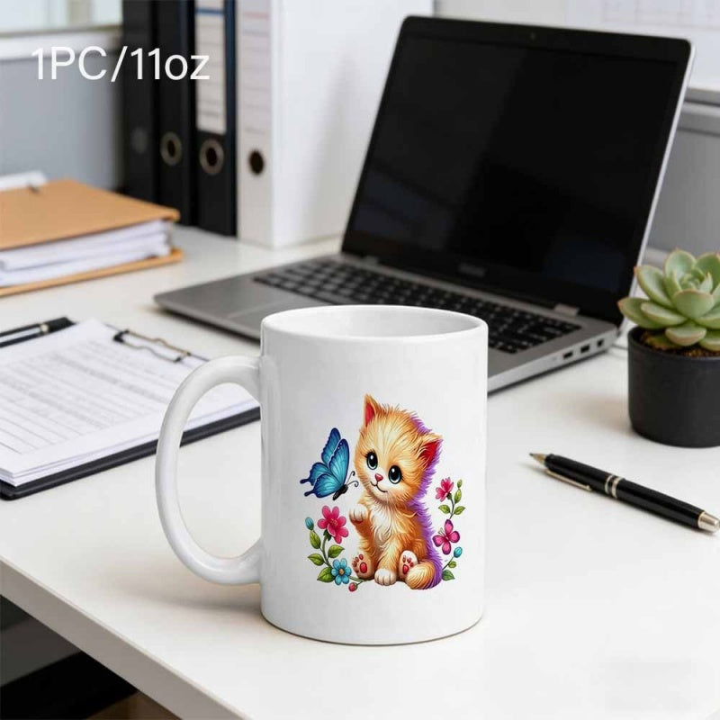 Tailorly White Ceramic 11 oz Mug - Adorable Ginger Playing With A Blue Butterfly Among Colorful Flowers Kitten