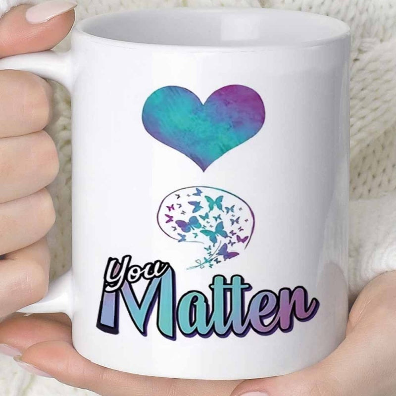 Tailorly White Ceramic 11 oz Mug - You Matter Watercolor Heart And Butterfly Semicolon Pattern On A