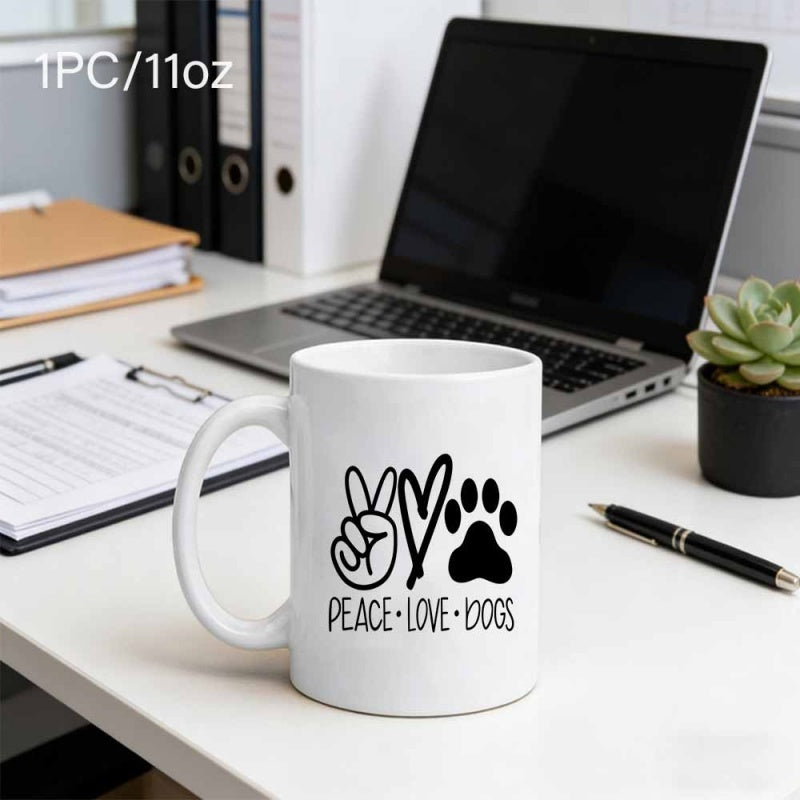Tailorly White Ceramic 11 oz Mug - Peace Love Dogs Hand Drawn Peace Sign Heart And Textured Paw Print Symbolic Pet Lover Dog Paw
