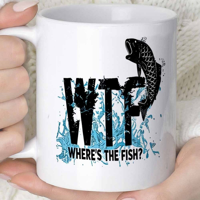 Tailorly White Ceramic 11 oz Mug - Wtf Wheres The Fish Black Jumping Bass Among Blue Splashing Water Droplets Fish