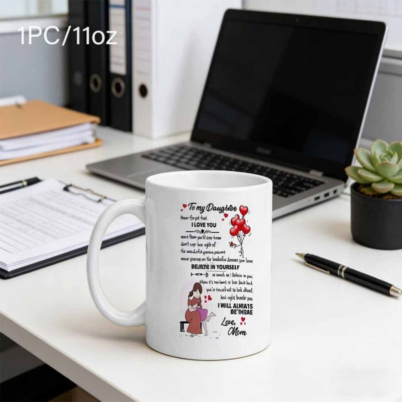 Tailorly White Ceramic 11 oz Mug - To My Daughter I Love You Believe In Yourself Love Mom Heartfelt Illustration Of Mother And Daughter Sitting Beneath Floating