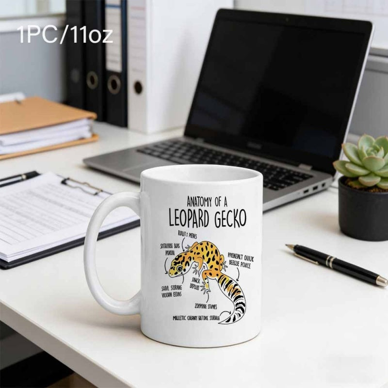 Tailorly White Ceramic 11 oz Mug - Anatomy Of A Leopard Gecko Detailed Illustration Featuring Scientific Labels Explaining Distinct Traits Of A Spotted Gecko