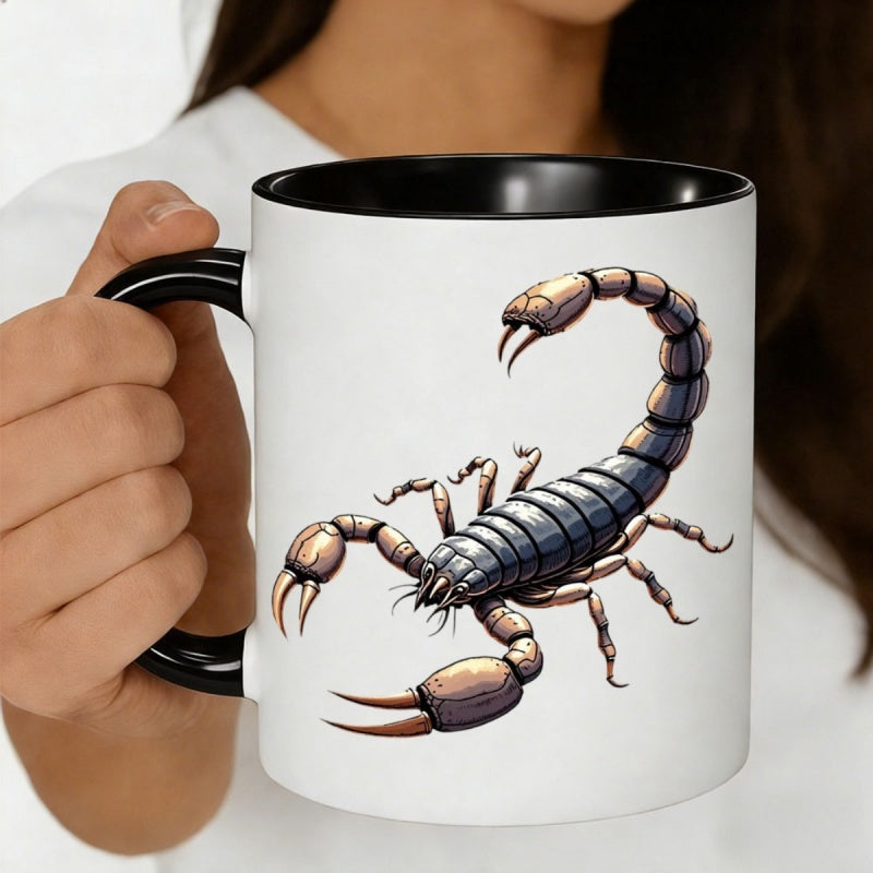 Tailorly Black Accent 11 oz Mug - hand drawn style artwork of insect and scorpio zodiac symbol