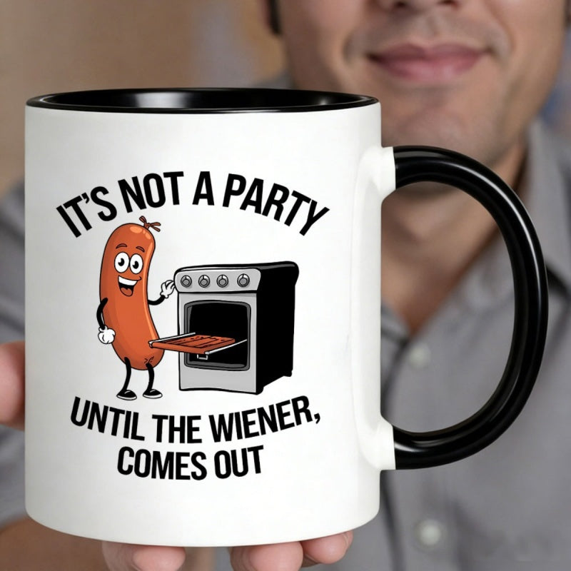Tailorly Black Accent 11 oz Mug - cartoon sausage oven with humorous quote "it's not a party"
