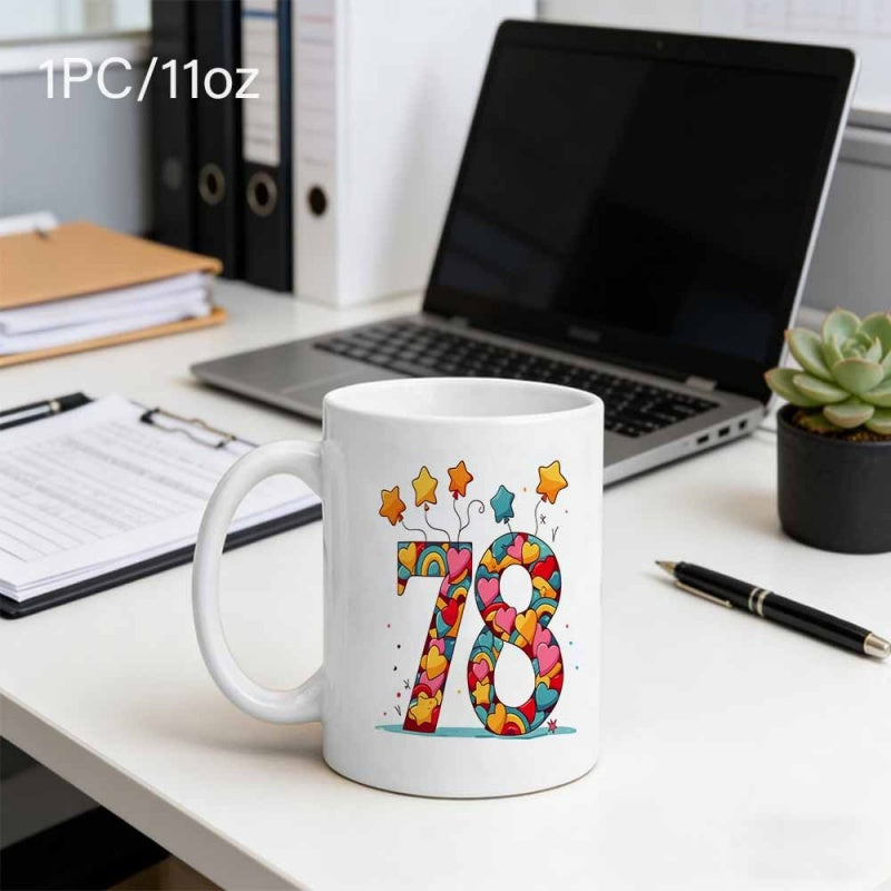 Tailorly White Ceramic 11 oz Mug - 78 Colorful Party Design Featuring Stars Hearts And Vibrant Decorative Shapes Number