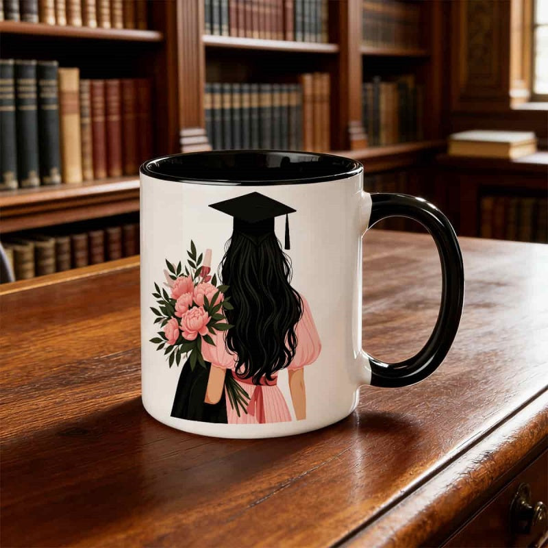 Tailorly Black Accent 11 oz Mug - graduate and flower bouquet design
