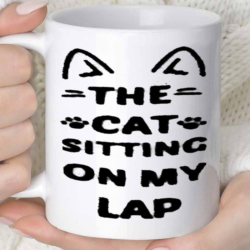 Tailorly White Ceramic 11 oz Mug - The Cat Sitting On My Lap Minimalist Black Ears Surrounded By Tiny Cute Paw Prints Cat