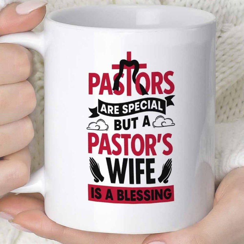 Tailorly White Ceramic 11 oz Mug - Pastors Are Special But A Pastors Wife Is A Blessing Sacred Religious Symbols Featuring Praying Hands Among Soft Clouds And