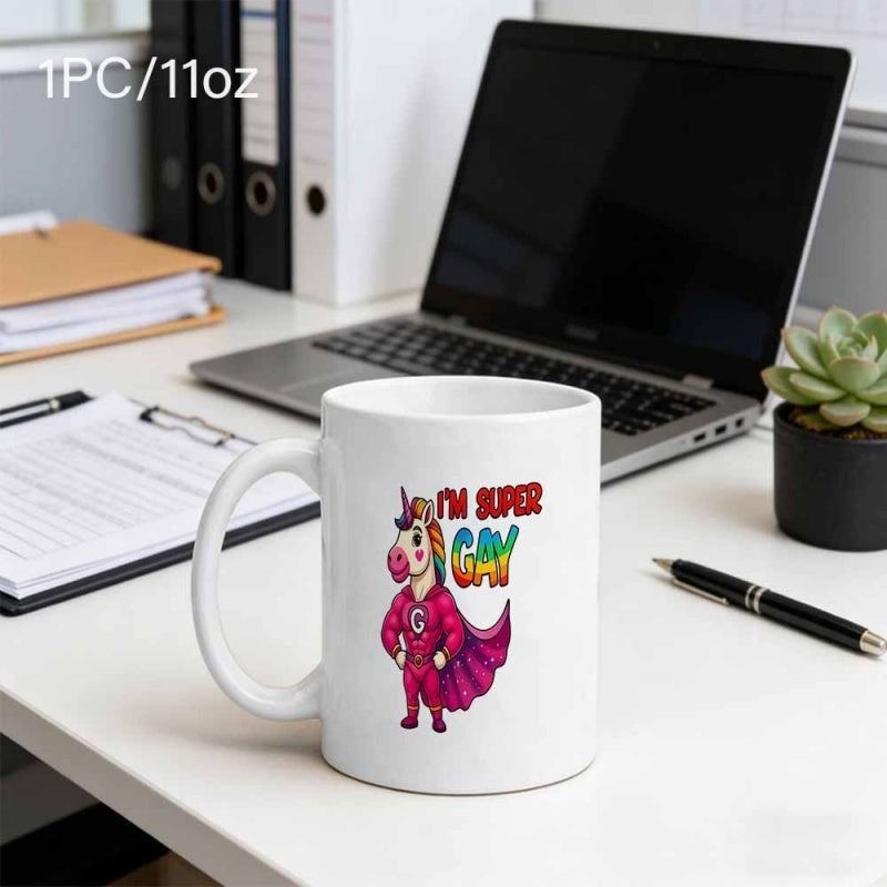 Tailorly White Ceramic 11 oz Mug - Im Super Gay Proud Rainbow Colors Superhero Wearing Bright Pink Costume And Purple Cape Unicorn