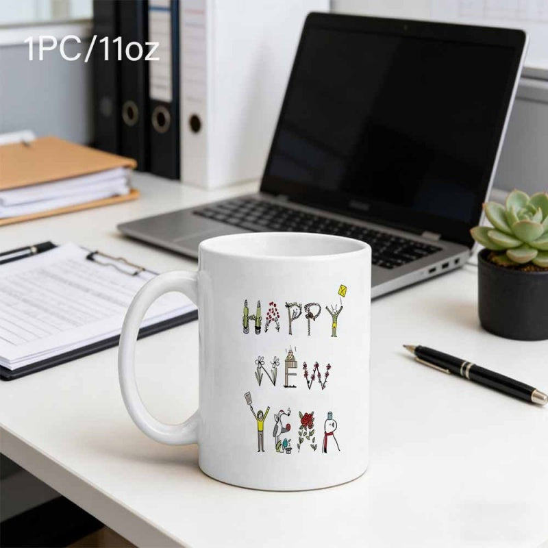 Tailorly White Ceramic 11 oz Mug - Happy New Year Whimsical Tiny Human Figures Forming Festive Celebration Message Greeting