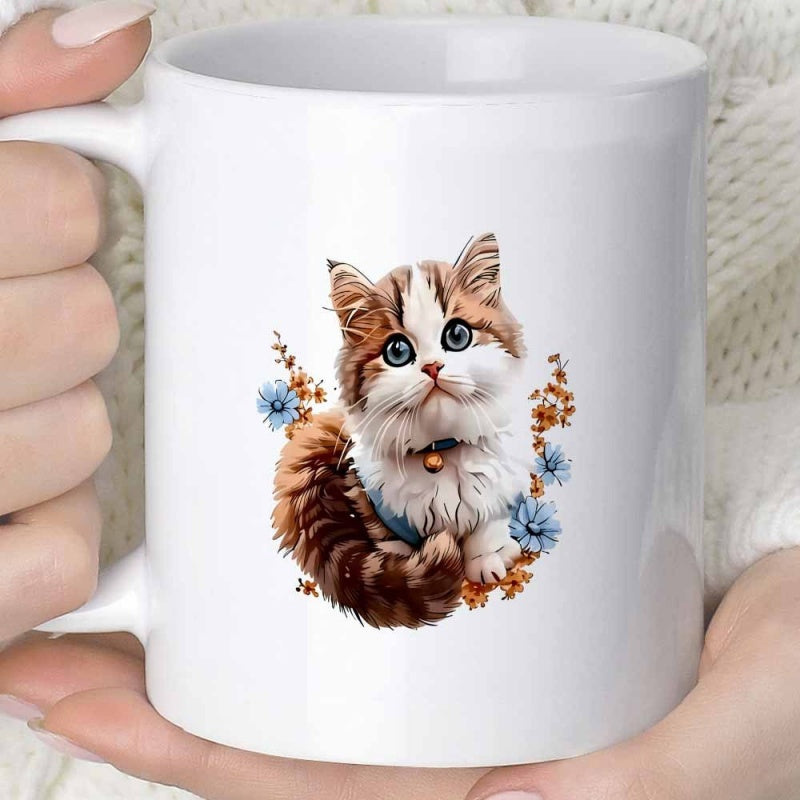 Tailorly White Ceramic 11 oz Mug - Fluffy Brown And White Kitten Surrounded By Blue Floral Accents Cat