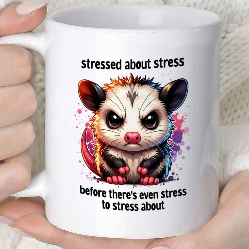 Tailorly White Ceramic 11 oz Mug - Stressed About Stress Before There's Even Stress To Stress About Angry Grumpy Cute Cartoon Animal With Colorful Artistic Paint
