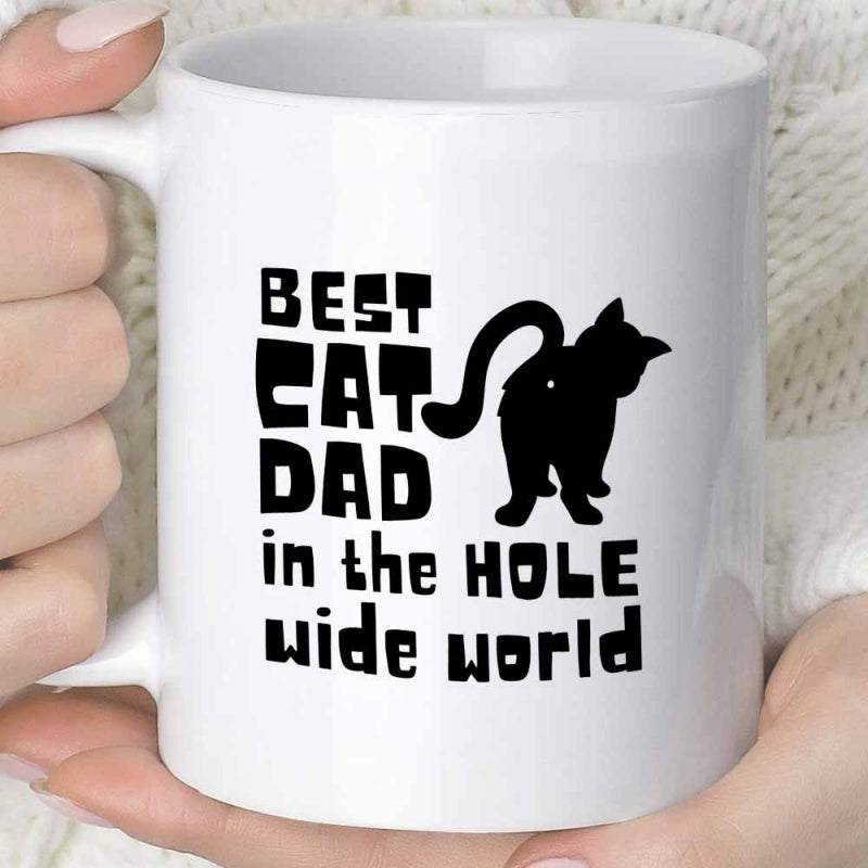 Tailorly White Ceramic 11 oz Mug - Best Cat Dad In The Hole Wide World Silhouette Of A Black Feline Standing With Its Tail Curled Upward Cat