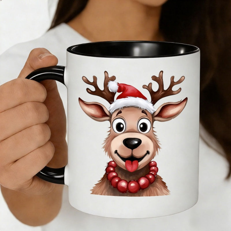 Tailorly Black Accent 11 oz Mug - festive reindeer in santa hat