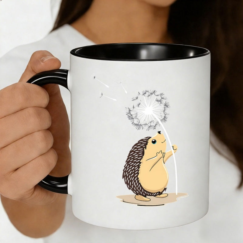 Tailorly Black Accent 11 oz Mug - cute cartoon hedgehog blowing whimsical design